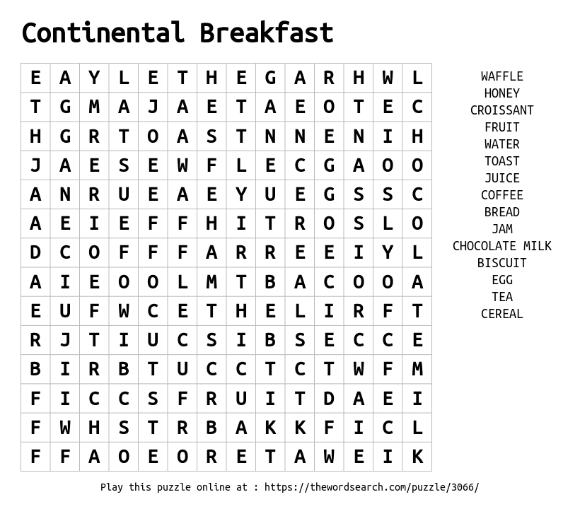 Word Search on Continental Breakfast