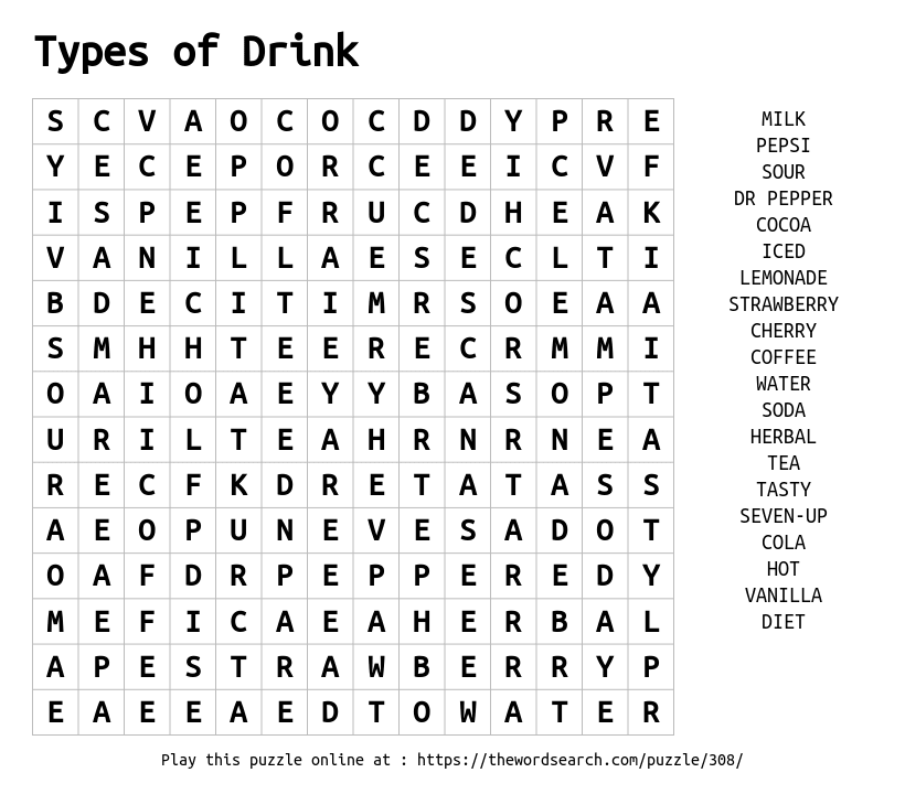 Download Word Search On Types Of Drink