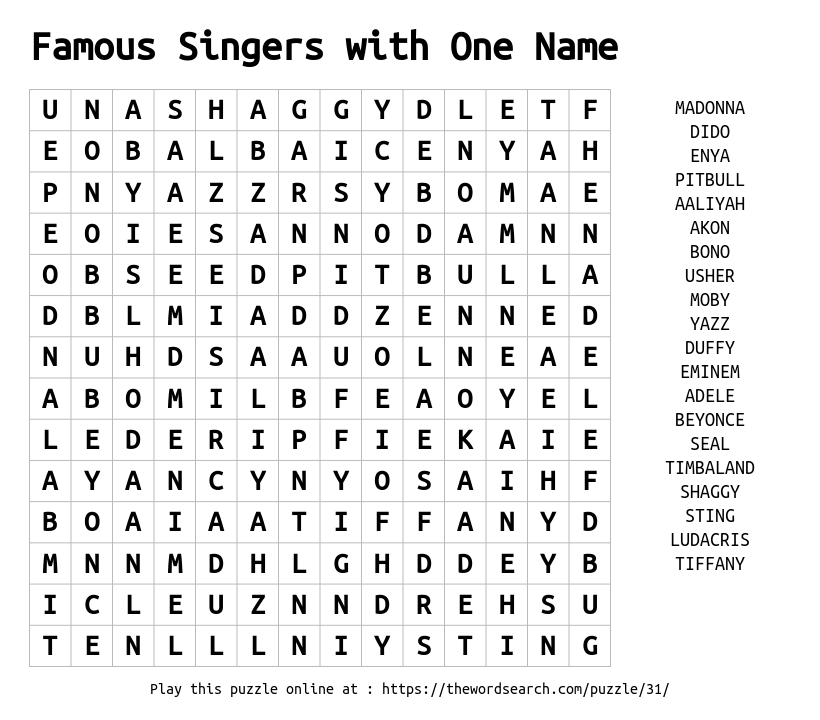 Word Search on Famous Singers with One Name