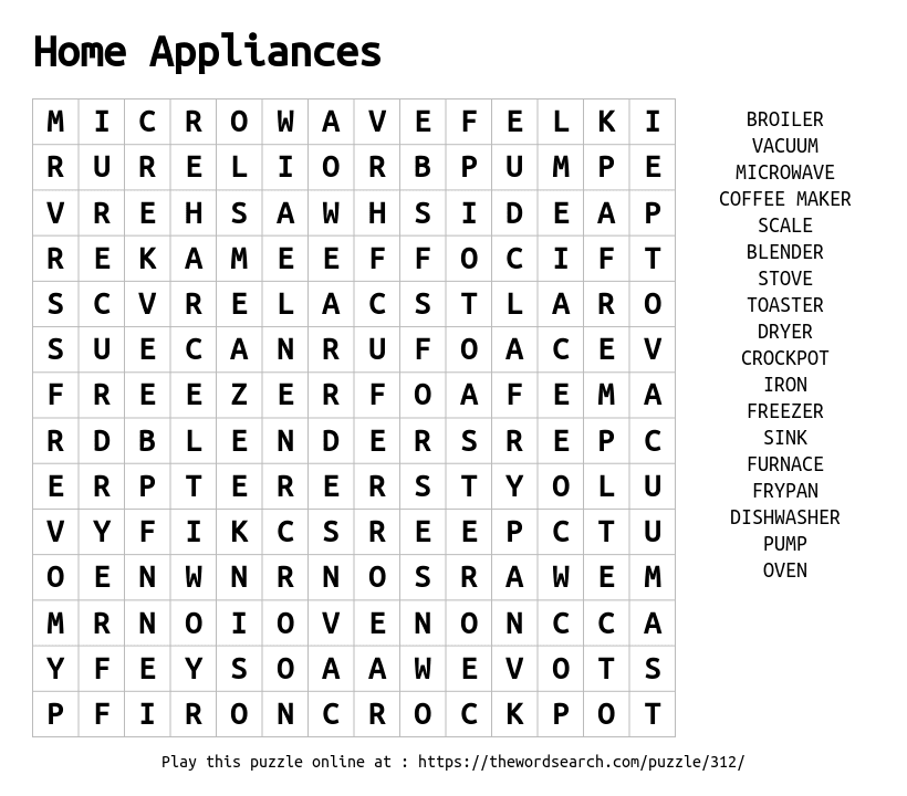 Home Appliances Word Search