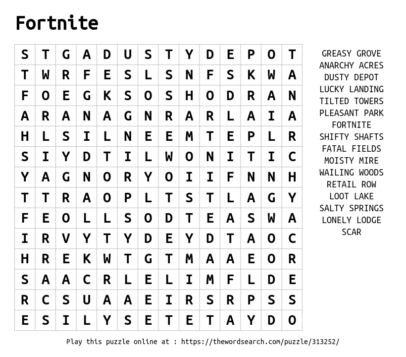 Printable Fortnite Word Search