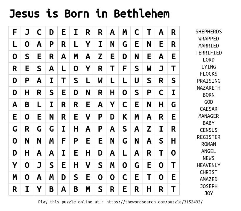 Jesus Is Born In Bethlehem Word Search