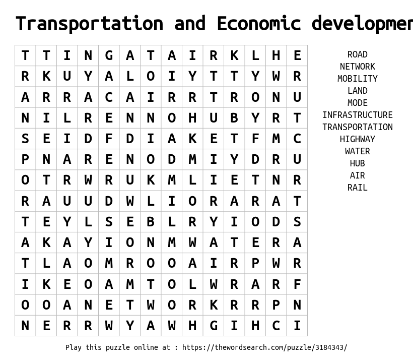 Word Search on Transportation and Economic development