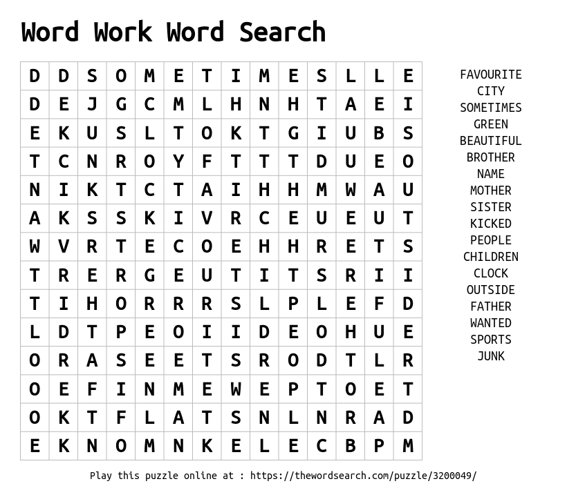 Download Word Search on Word Work Word Search