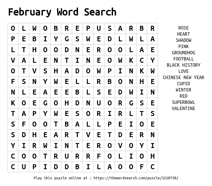 Download Word Search On February Word Search