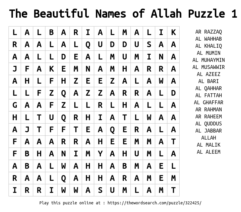 The Beautiful Names Of Allah Puzzle 1 Word Search