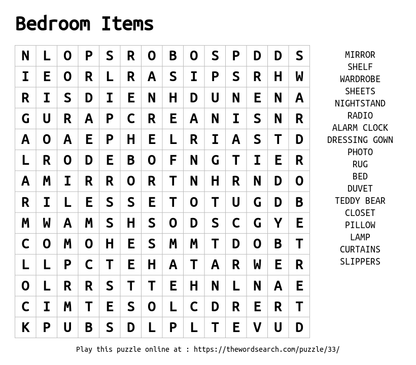 Word Search on Bedroom Items