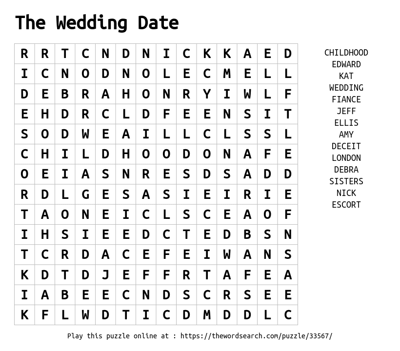Word Search on The Wedding Date