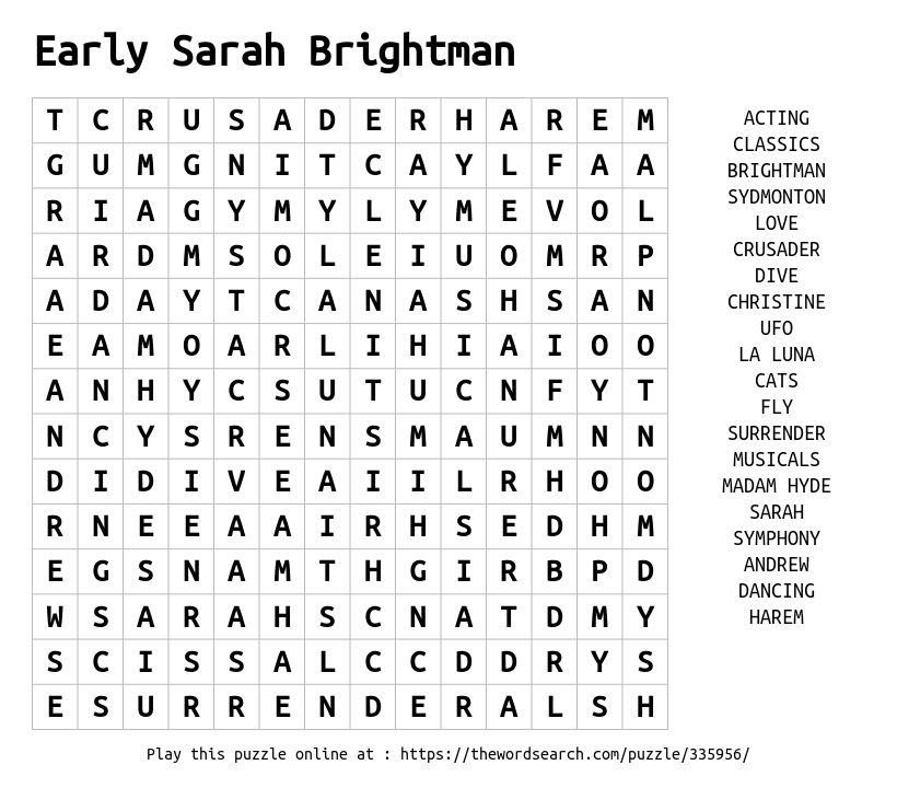 Download Word Search on Early Sarah Brightman