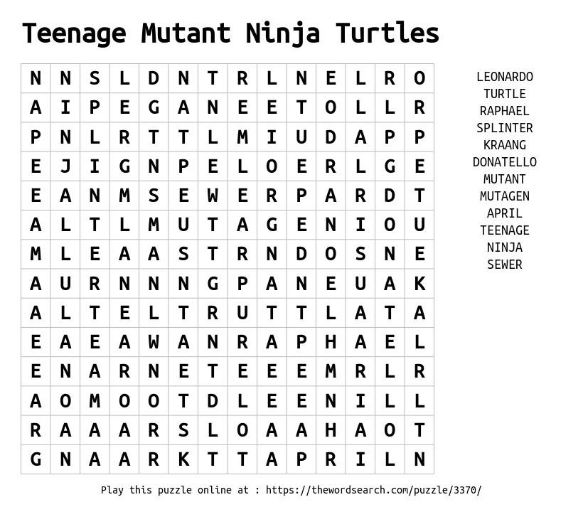 Download Word Search On Teenage Mutant Ninja Turtles