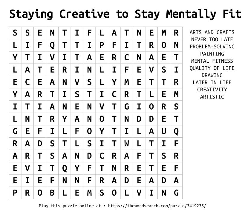 Word Search on Staying Creative to Stay Mentally Fit