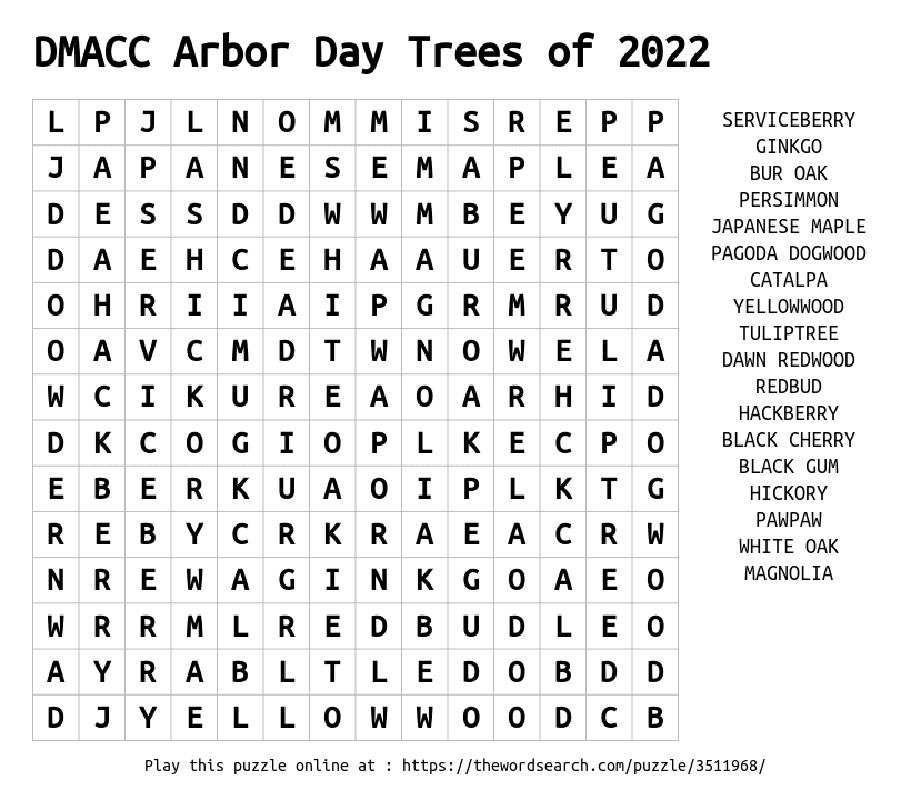 DMACC Arbor Day Trees Of 2022 Word Search