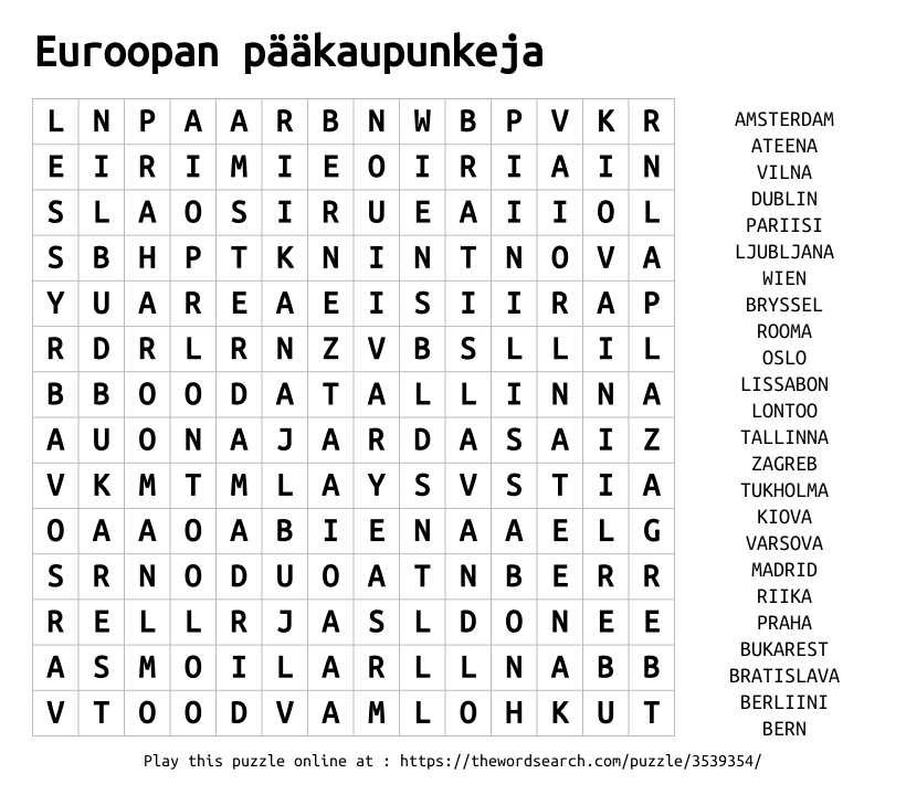 Word Search on Euroopan pääkaupunkeja