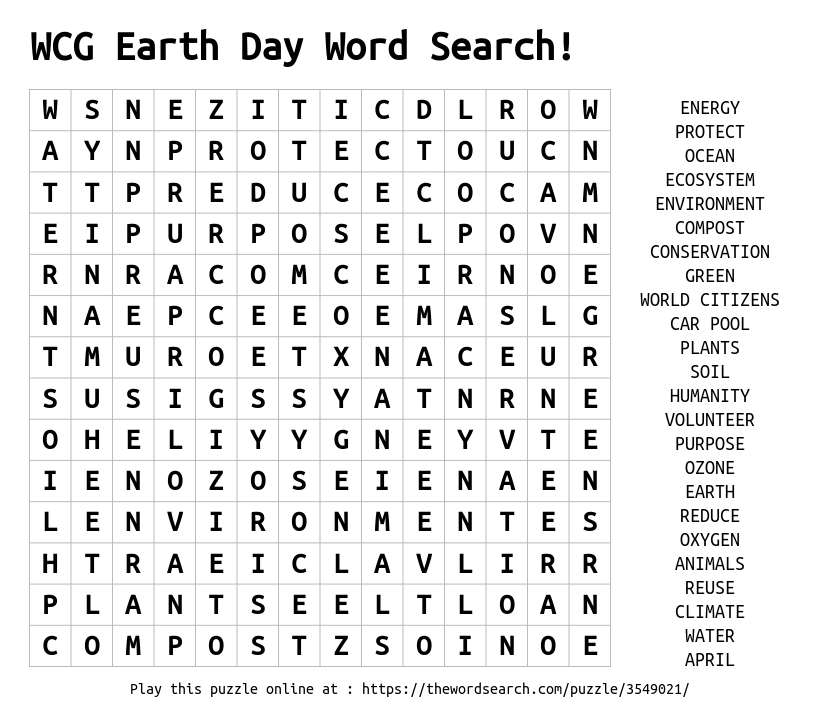 Download Word Search On WCG Earth Day Word Search 