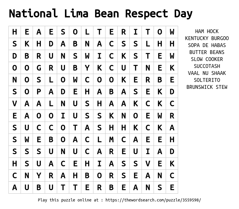 National Lima Bean Respect Day Word Search