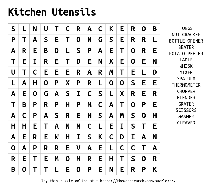 Download Word Search On Kitchen Utensils