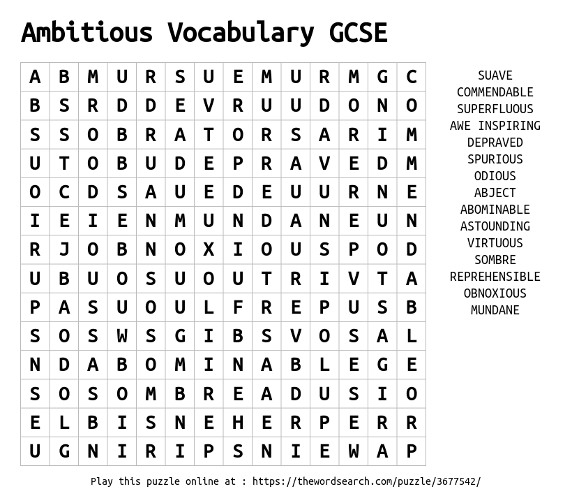 Ambitious Vocabulary Word Search