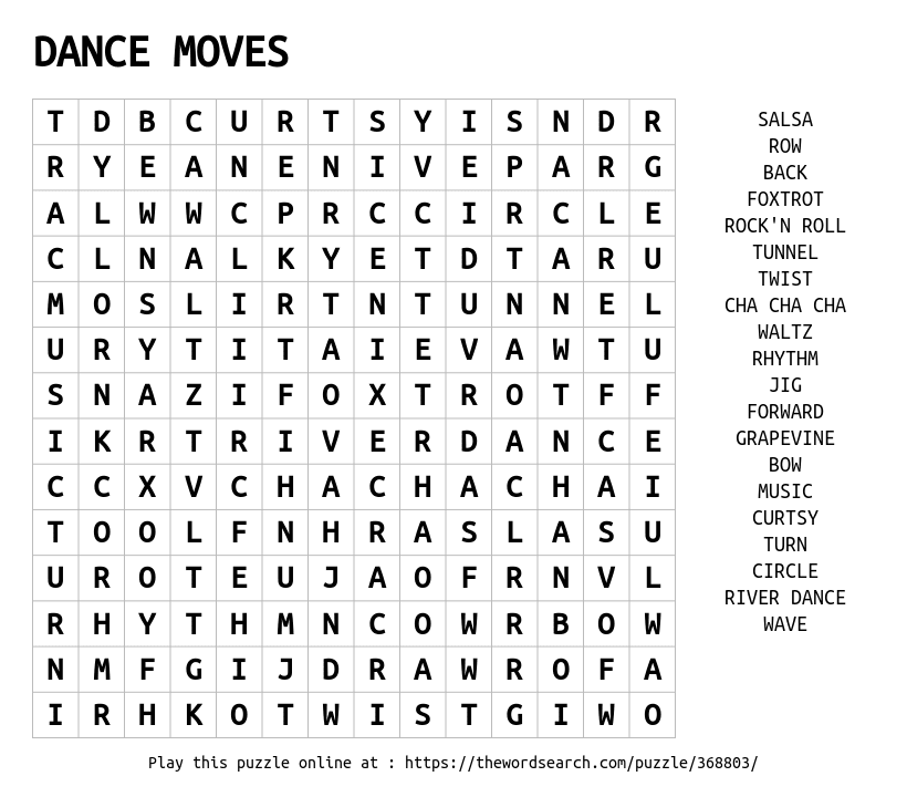 Download Word Search On DANCE MOVES