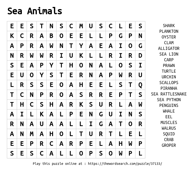 Download Word Search on Sea Animals