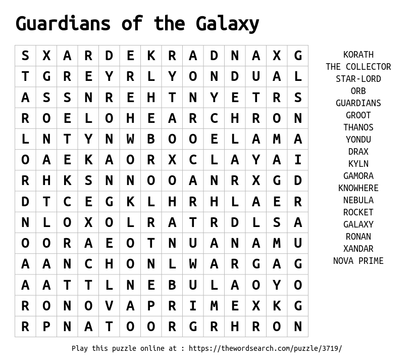 Word Search on Guardians of the Galaxy