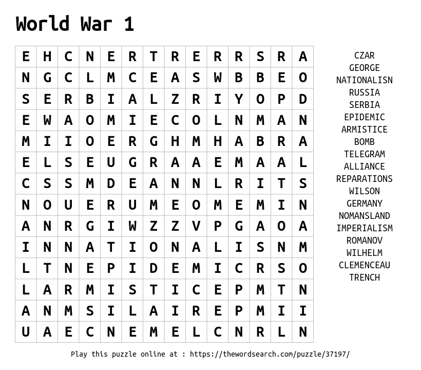 Download Word Search On World War 1