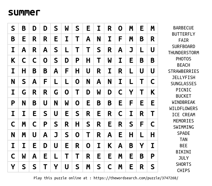 Word Search on summer