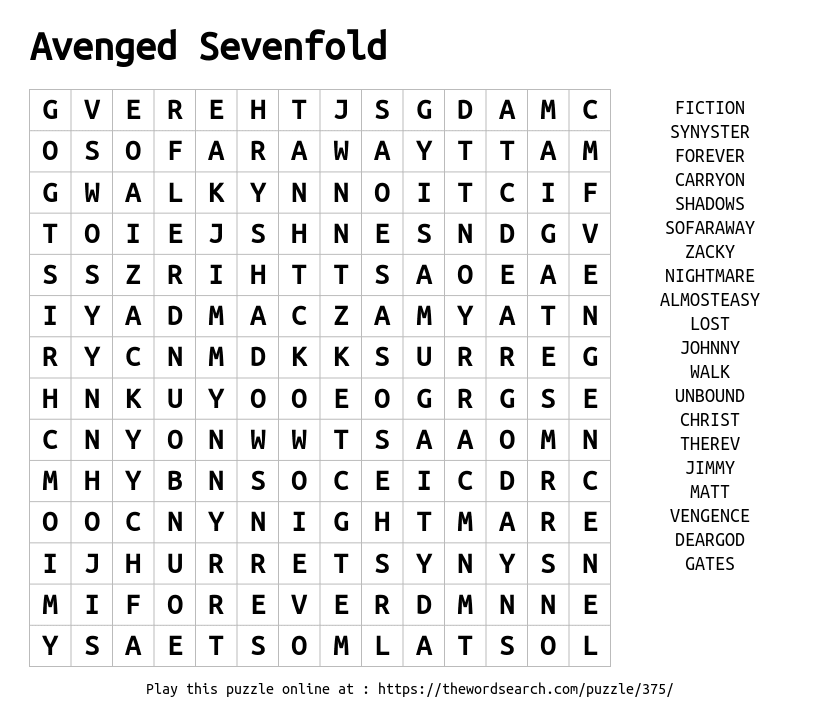 Word Search on Avenged Sevenfold