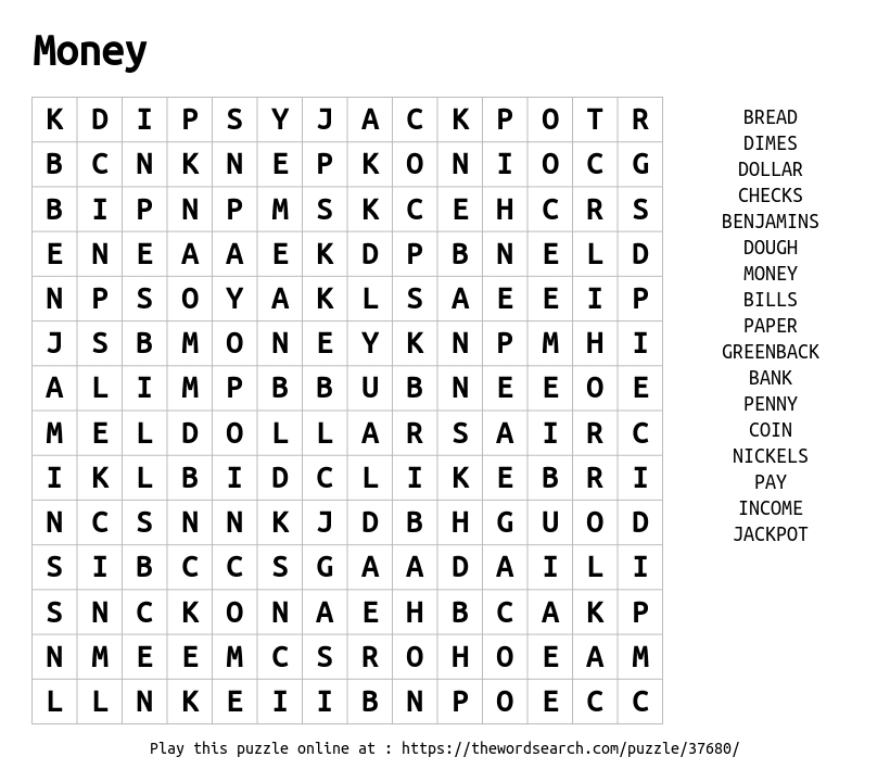 Download Word Search On Money