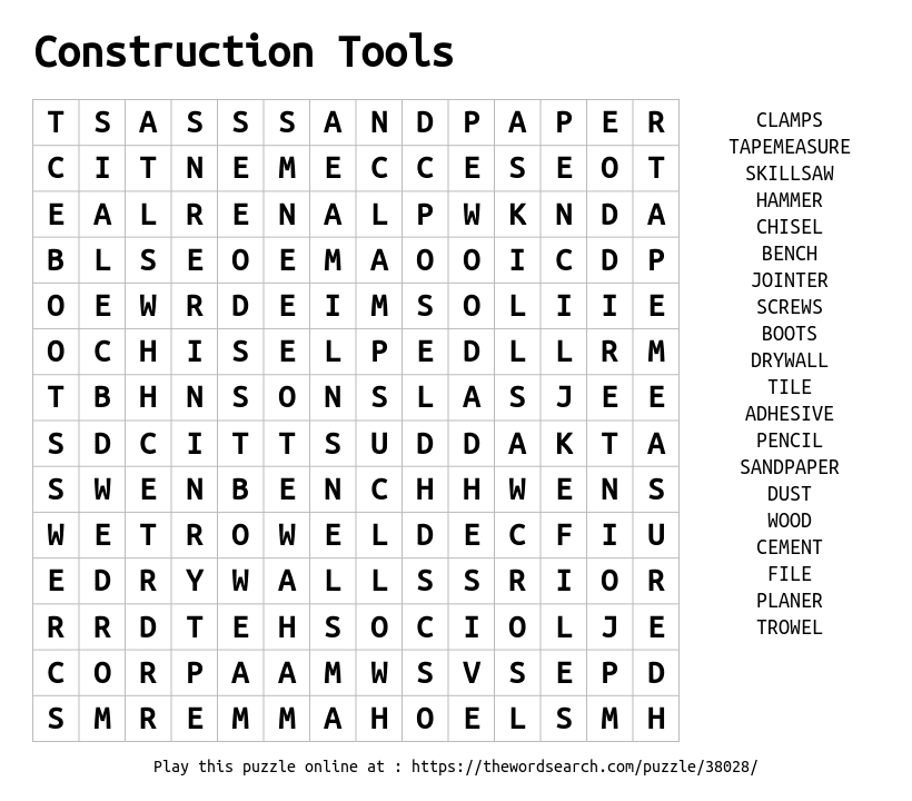 Word Search on Construction Tools