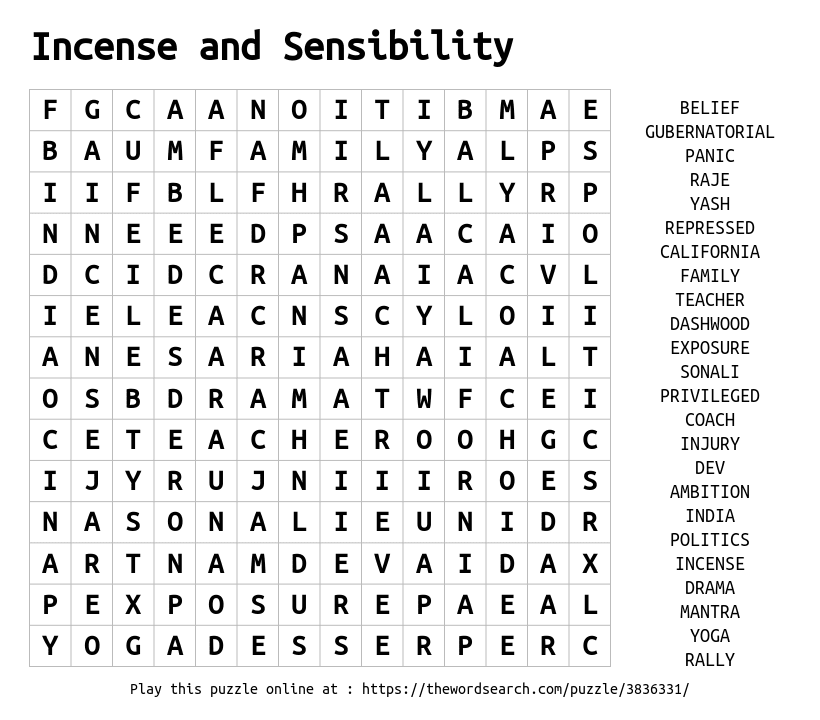 Download Word Search on Incense and Sensibility
