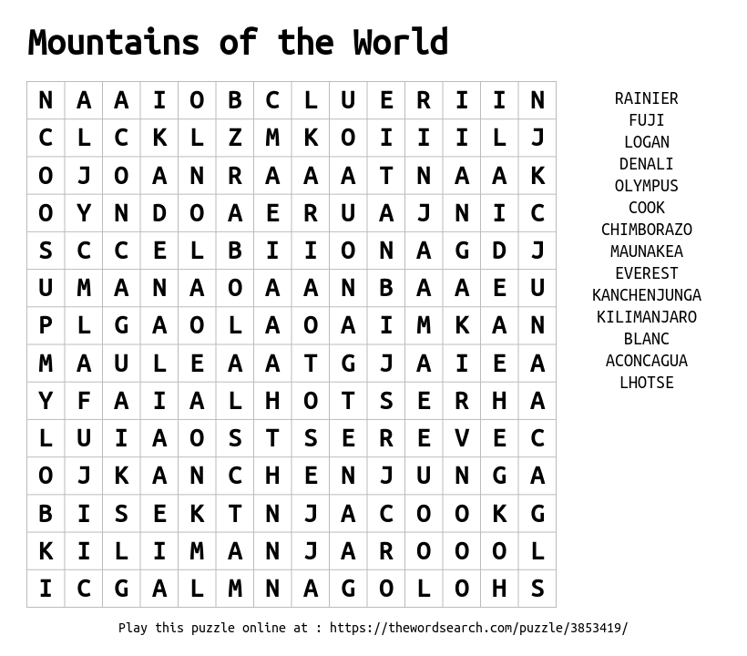 Word Search on Mountains of the World