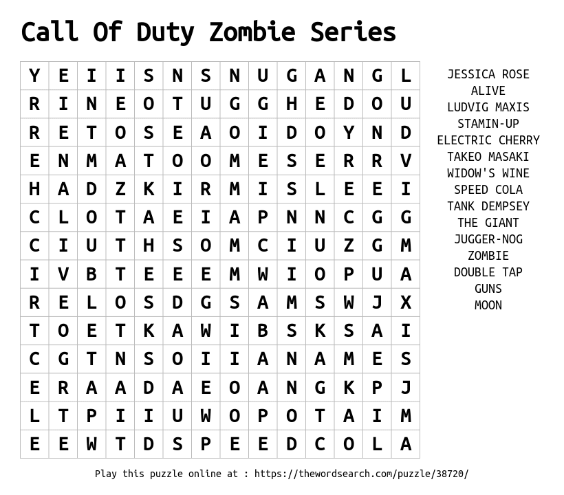 Word Search on Call Of Duty Zombie Series