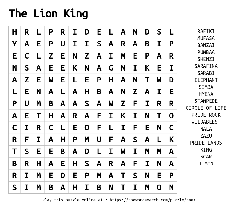 Word Search on The Lion King