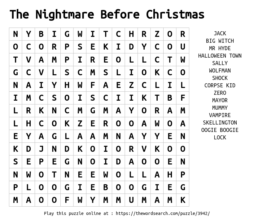 Word Search on The Nightmare Before Christmas