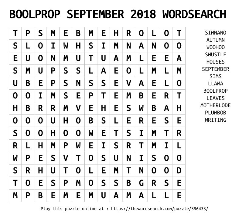Word Search on BOOLPROP SEPTEMBER 2018 WORDSEARCH