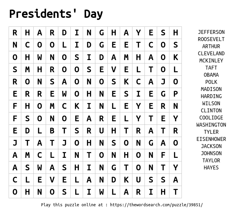 Word Search on Presidents' Day