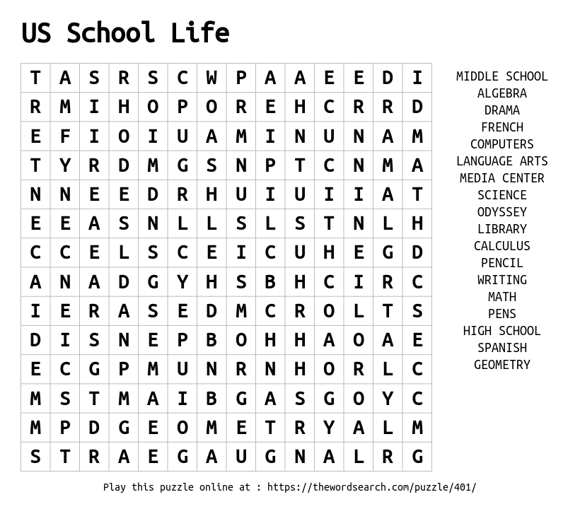 Download Word Search On US School Life