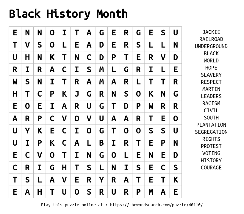 Black History Word Search Worksheets