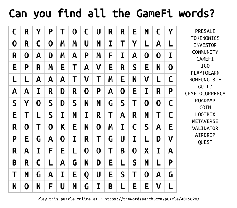 Word Search on Can you find all the GameFi words?
