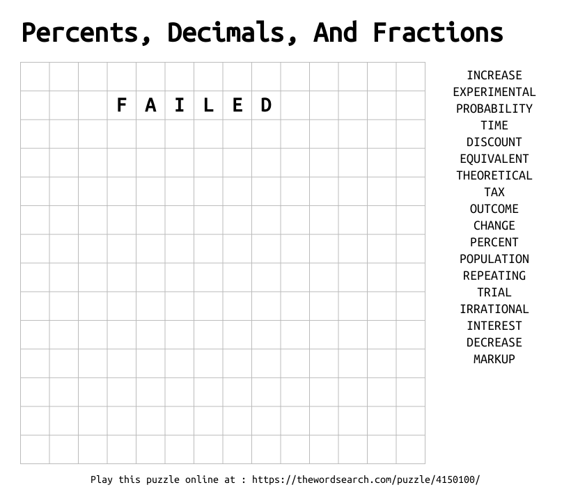 Word Search on Percents, Decimals, And Fractions