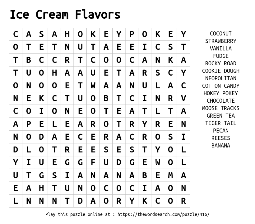 Word Search on Ice Cream Flavors