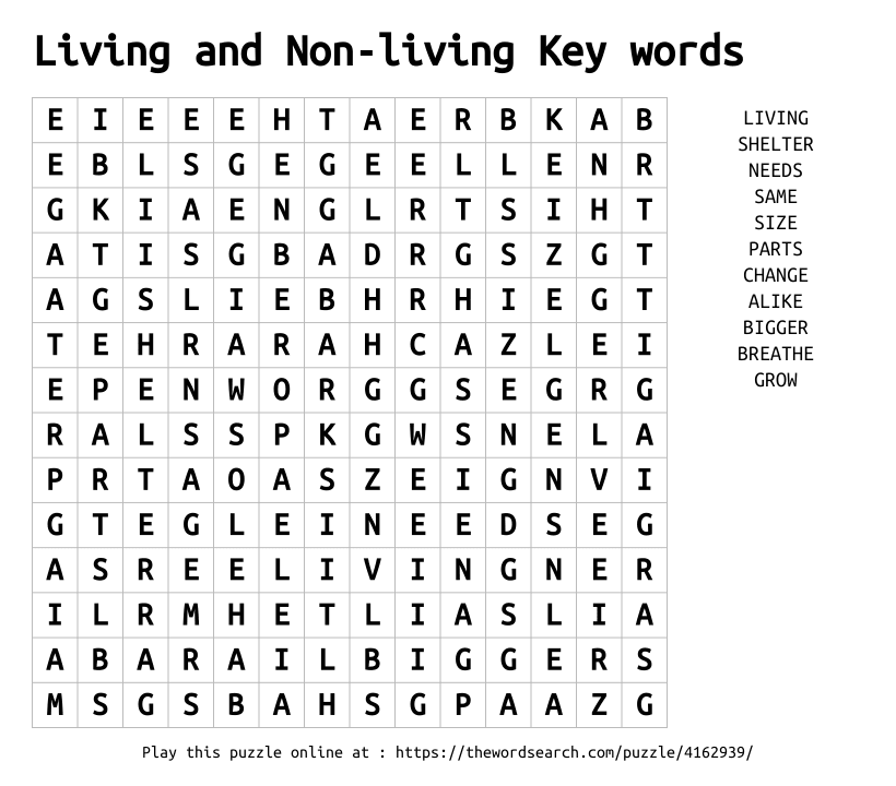 Word Search on Living and Non-living Key words