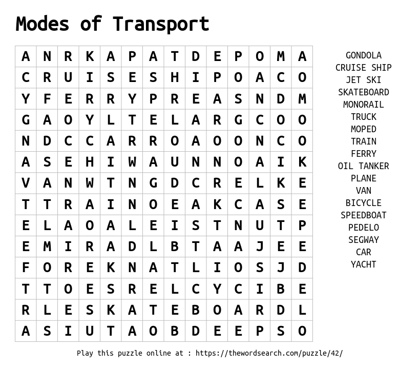 Word Search on Modes of Transport