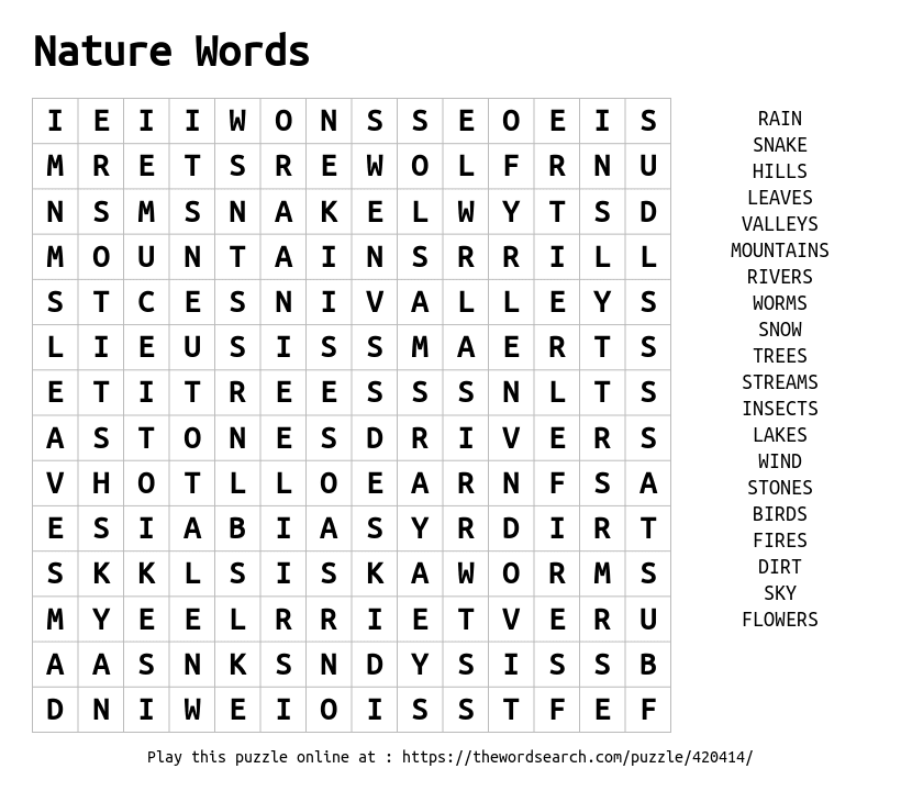 Download Word Search On Nature Words