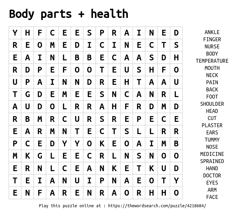 Word Search on Body parts + health