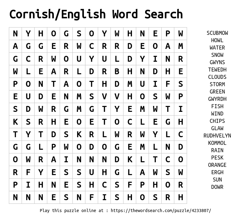 Download Word Search On Cornish English Word Search