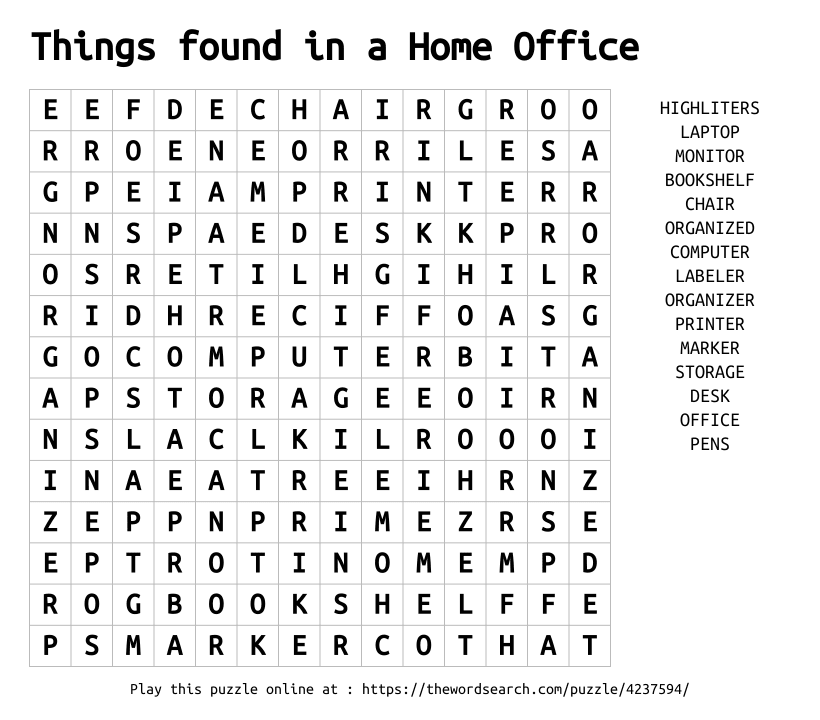 Word Search on Things found in a Home Office