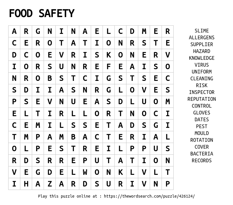 food safety word search answer key