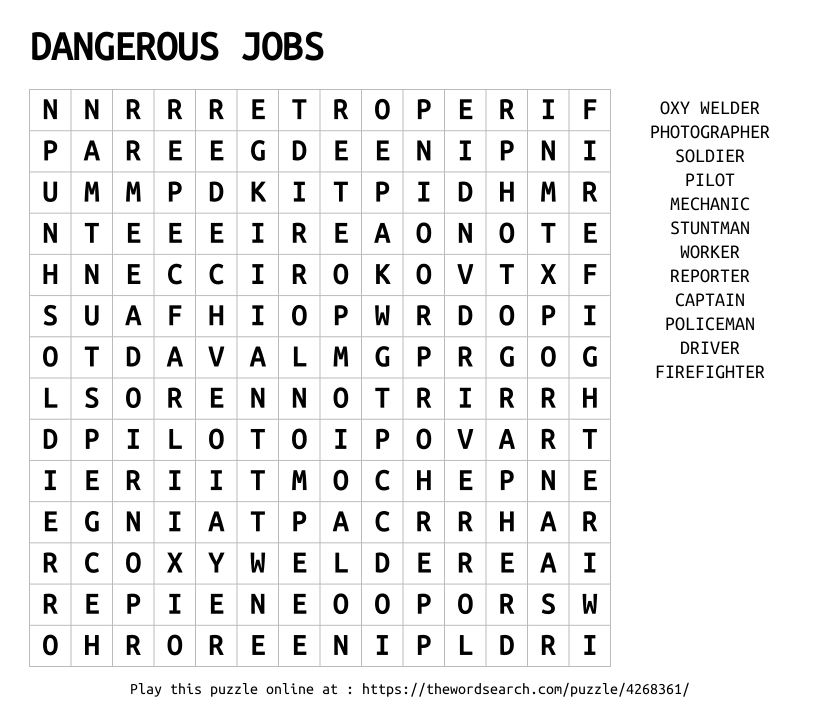 Word Search on DANGEROUS JOBS
