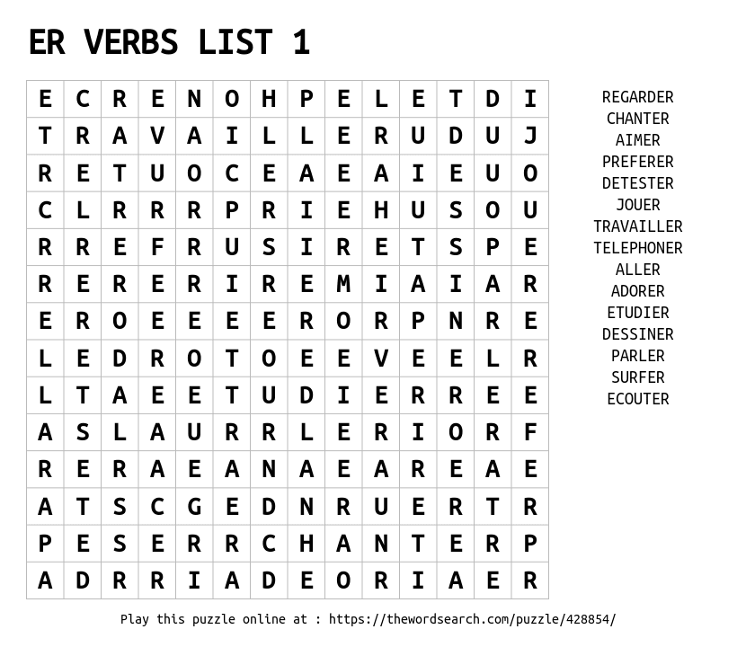 Word Search on ER VERBS LIST 1